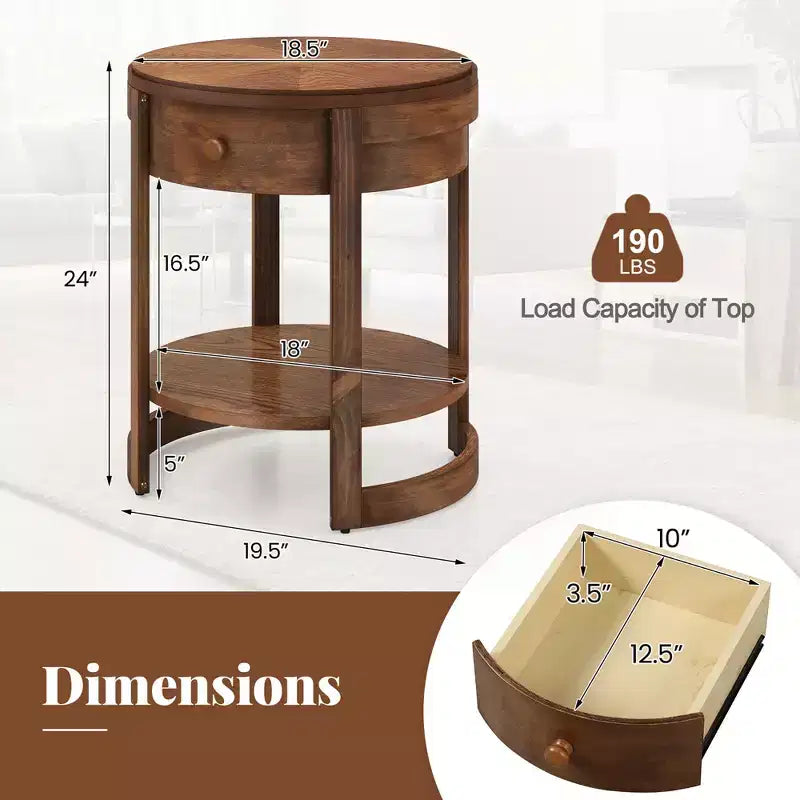 Table de chevet à 2 niveaux avec étagère et tiroir en bois veiné rond blanc/marron