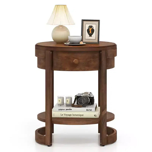Costway 2-Tier Nightstand w/ Shelf & Wood Grains Drawer Round White/Brown