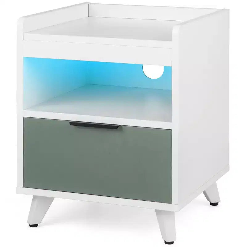 Costway Nightstand Modern Beside End Table w/ LED Lights Open Compartment & Drawer