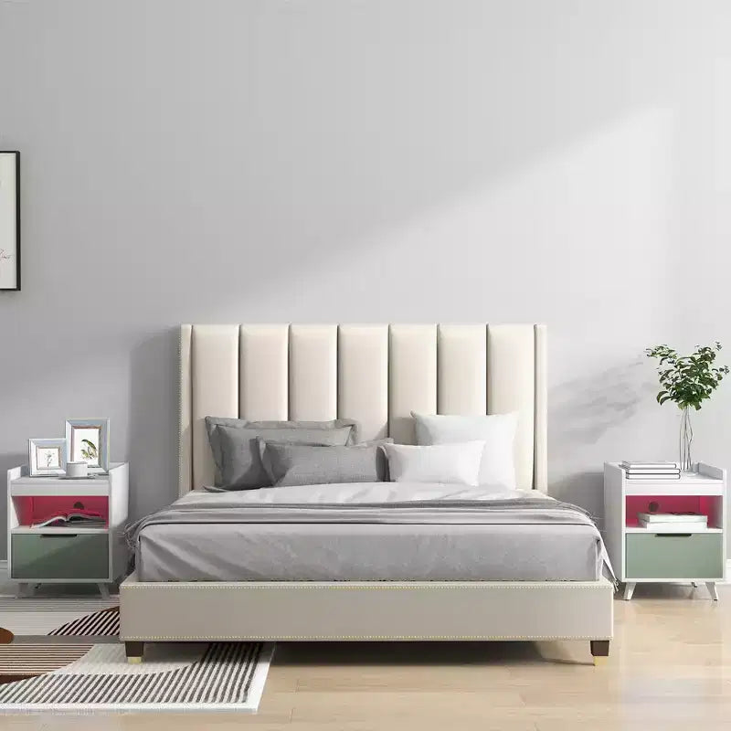 Table de Chevet Moderne avec Lumières LED, Compartiment Ouvert et Tiroir
