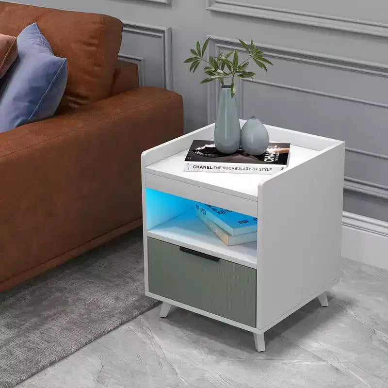 Table de Chevet Moderne avec Lumières LED, Compartiment Ouvert et Tiroir