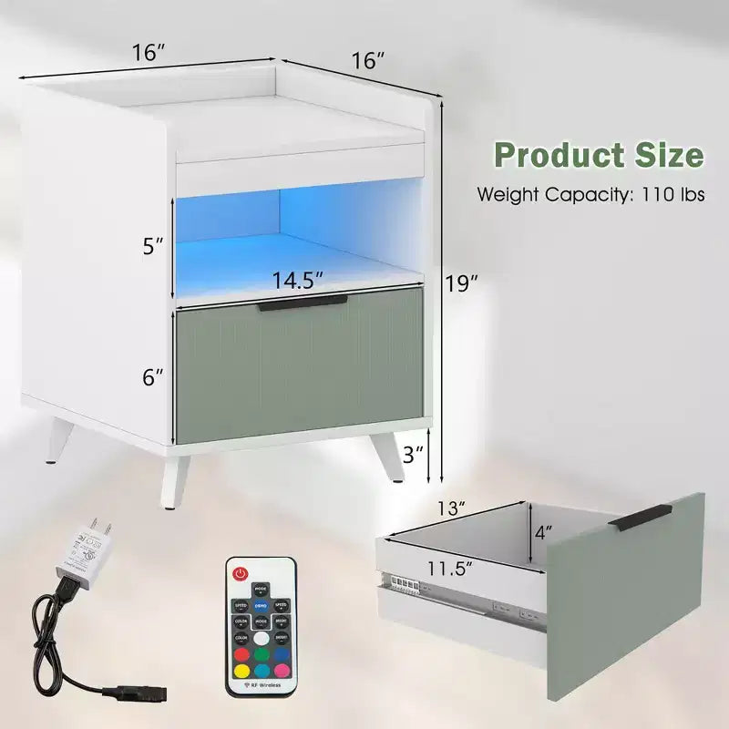 Table de Chevet Moderne avec Lumières LED, Compartiment Ouvert et Tiroir
