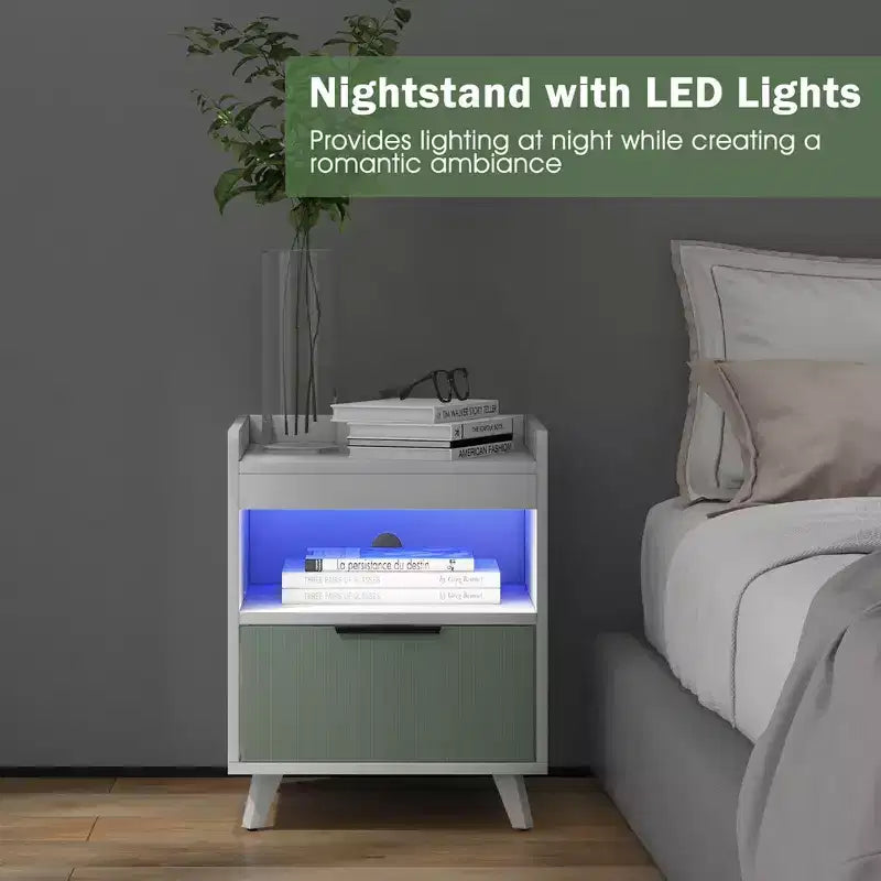 Table de Chevet Moderne avec Lumières LED, Compartiment Ouvert et Tiroir