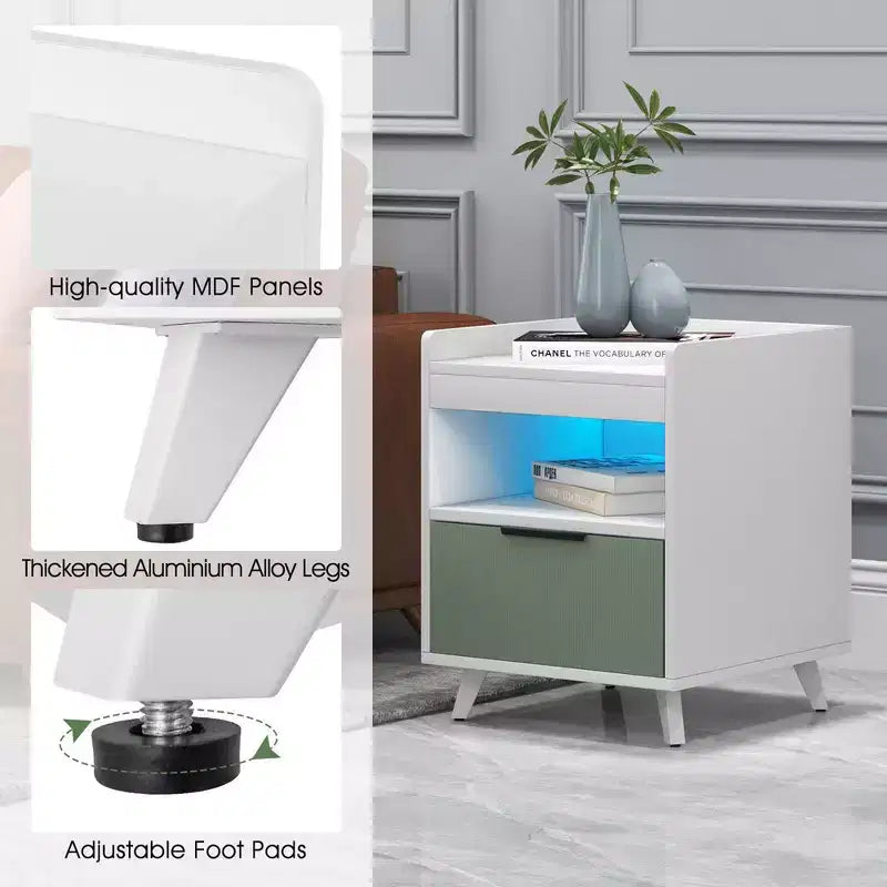 Table de Chevet Moderne avec Lumières LED, Compartiment Ouvert et Tiroir