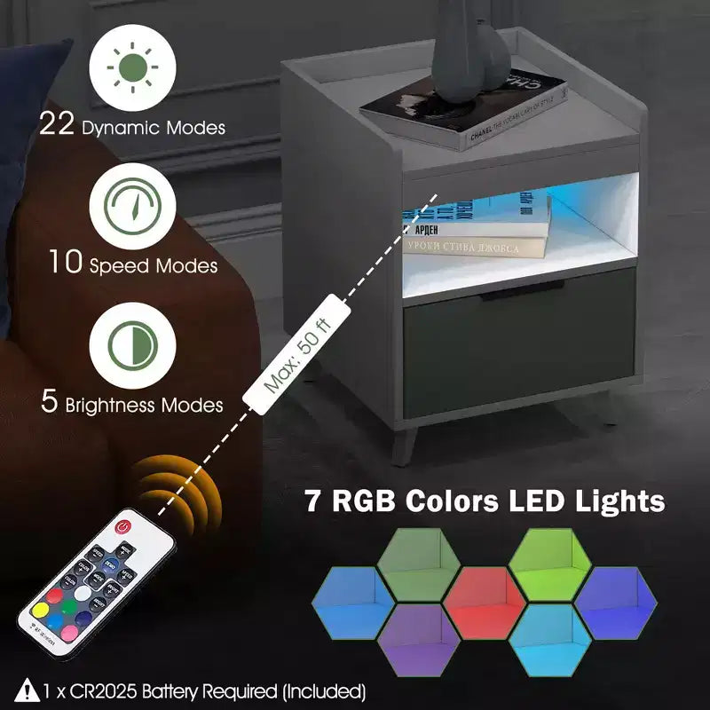 Costway Nightstand Modern Beside End Table w/ LED Lights Open Compartment & Drawer