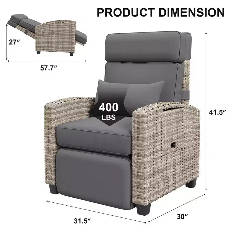 Fauteuil de patio inclinable avec réglage indépendant du dossier et du repose-pieds, confort verrouillable à 150°, commande facile à l'accoudoir, salon d'extérieur