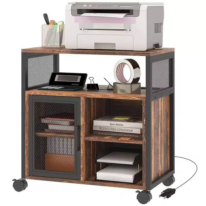 Printer Stand with Socket and USB Charging Ports, Industrial Mobile Printer Table with Storage and Wheels
