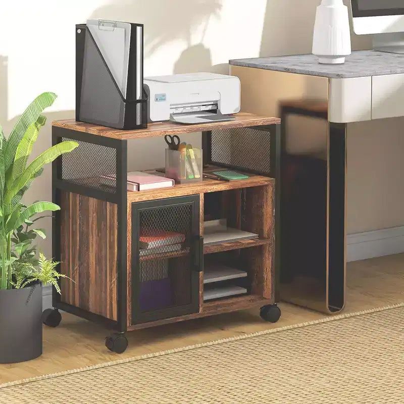 Meuble d'imprimante avec prise et ports de chargement USB, table d'imprimante mobile industrielle avec rangement et roulettes