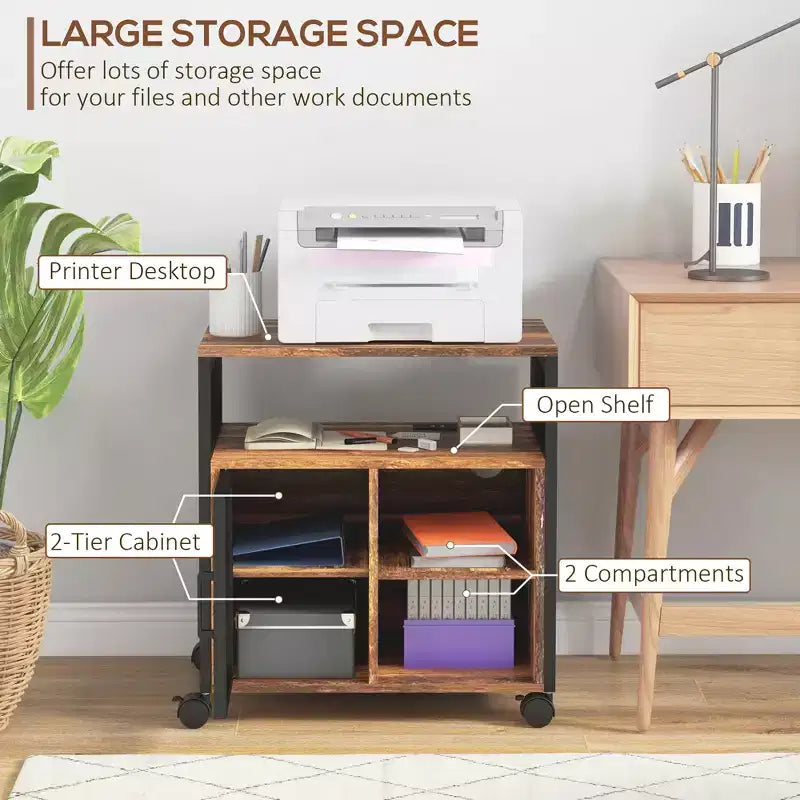 Meuble d'imprimante avec prise et ports de chargement USB, table d'imprimante mobile industrielle avec rangement et roulettes