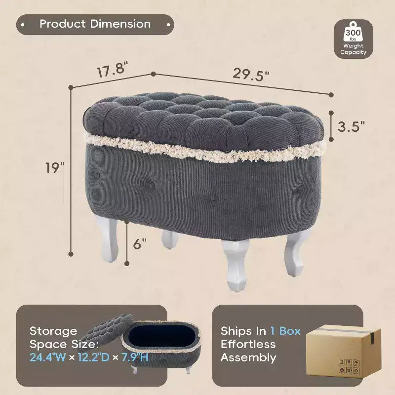 Banc de rangement en velours côtelé capitonné avec compartiment caché, pouf rembourré pour chambre à coucher, entrée