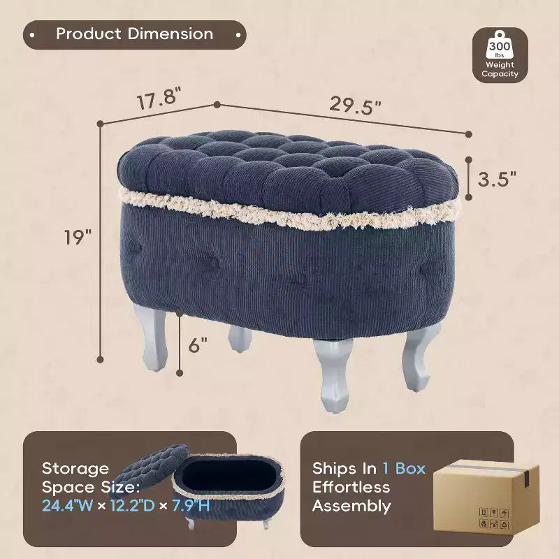 Banc de rangement en velours côtelé capitonné avec compartiment caché, pouf rembourré pour chambre à coucher, entrée