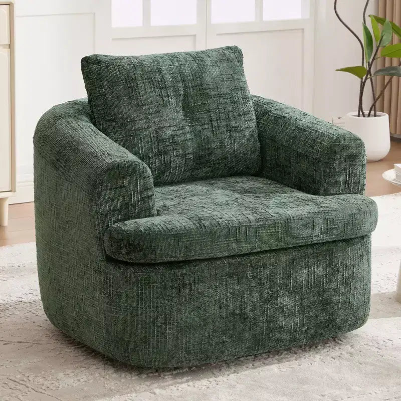 Fauteuil de salon, fauteuil pivotant en forme de baril avec coussin double couche, capacité de 113 kg, fauteuil d'appoint rond de 93 cm en tissu chenille pour salon, bureau