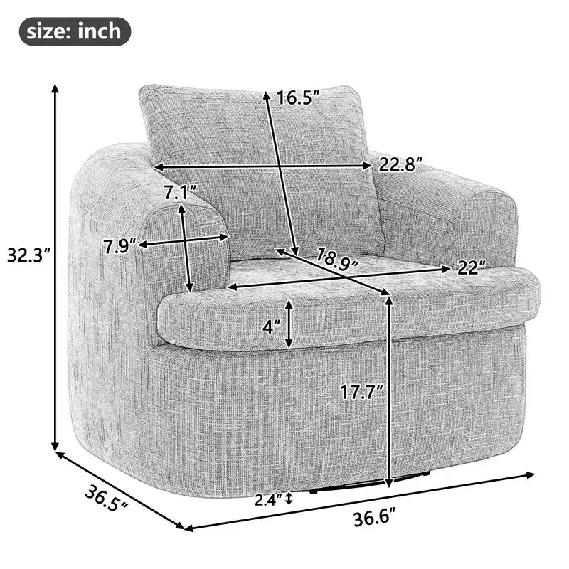 Fauteuil de salon, fauteuil pivotant en forme de baril avec coussin double couche, capacité de 113 kg, fauteuil d'appoint rond de 93 cm en tissu chenille pour salon, bureau