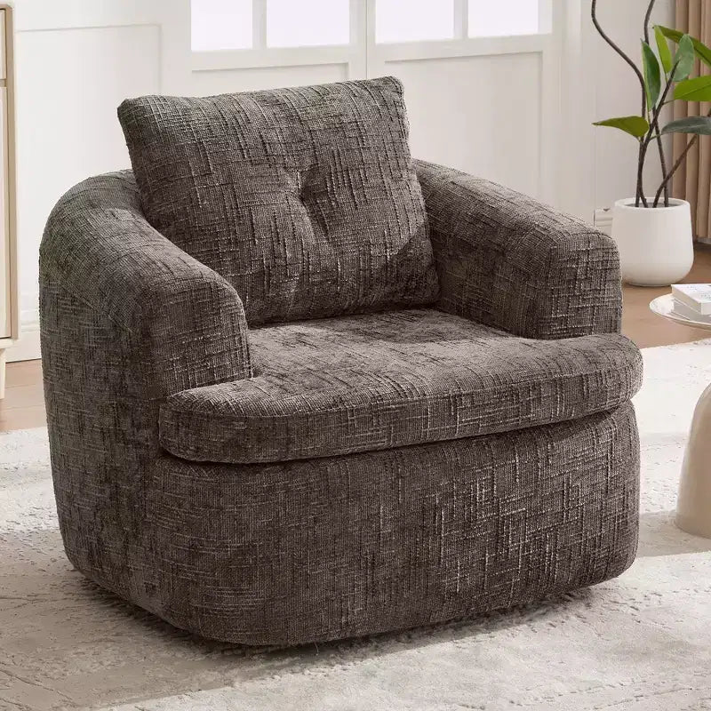 Fauteuil de salon, fauteuil pivotant en forme de baril avec coussin double couche, capacité de 113 kg, fauteuil d'appoint rond de 93 cm en tissu chenille pour salon, bureau