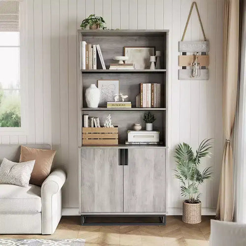 71in Tall Industrial Anti-tip Bookshelf with Metal Base & Handle, 5-Tier Farmhouse Wooden Bookcase with Adjustable Shelf for Living Room Office, Gray