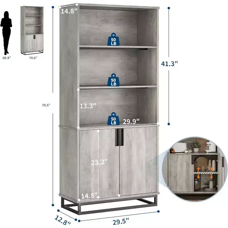 71in Tall Industrial Anti-tip Bookshelf with Metal Base & Handle, 5-Tier Farmhouse Wooden Bookcase with Adjustable Shelf for Living Room Office, Gray
