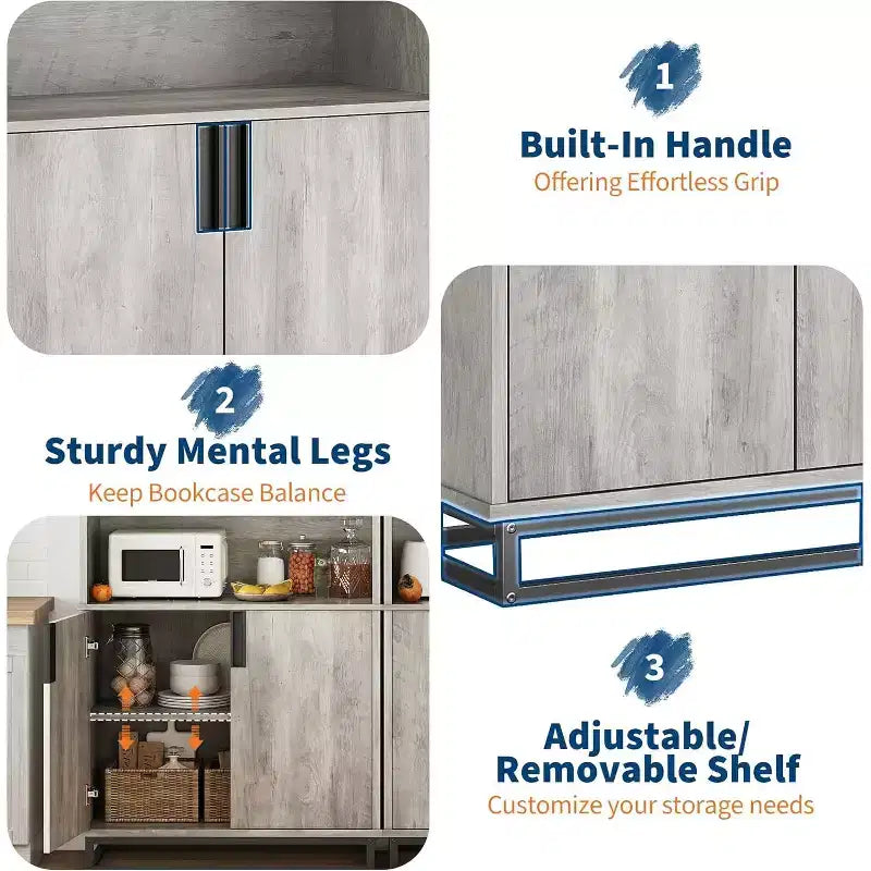 71in Tall Industrial Anti-tip Bookshelf with Metal Base & Handle, 5-Tier Farmhouse Wooden Bookcase with Adjustable Shelf for Living Room Office, Gray