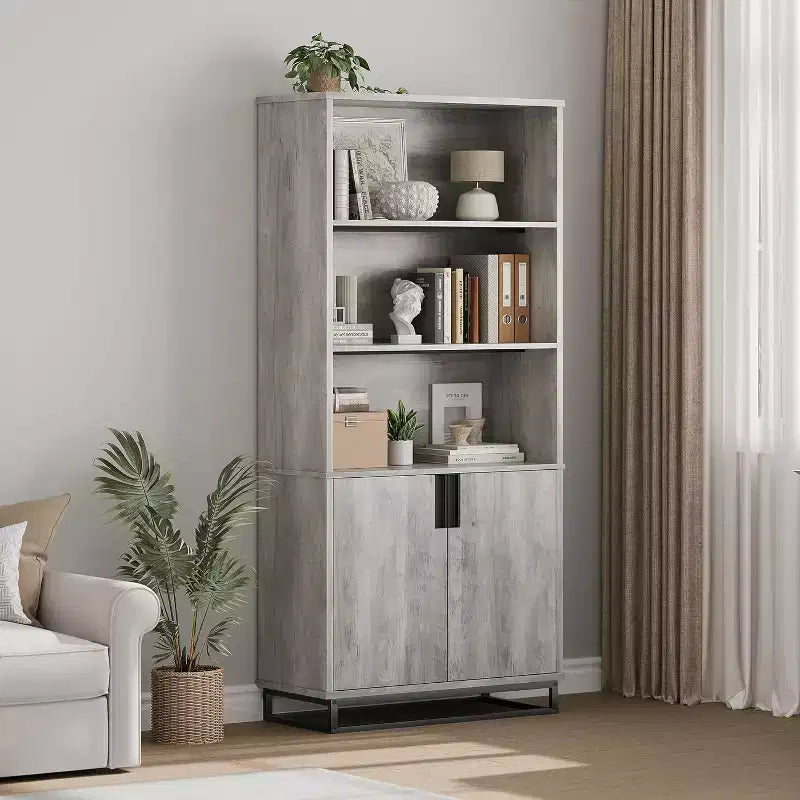 71in Tall Industrial Anti-tip Bookshelf with Metal Base & Handle, 5-Tier Farmhouse Wooden Bookcase with Adjustable Shelf for Living Room Office, Gray