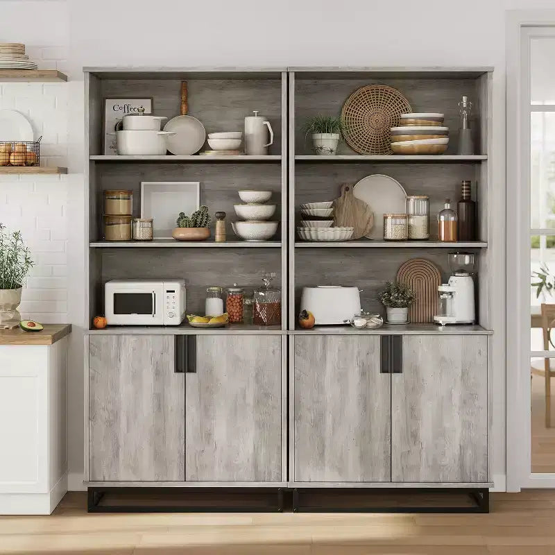 71in Tall Industrial Anti-tip Bookshelf with Metal Base & Handle, 5-Tier Farmhouse Wooden Bookcase with Adjustable Shelf for Living Room Office, Gray