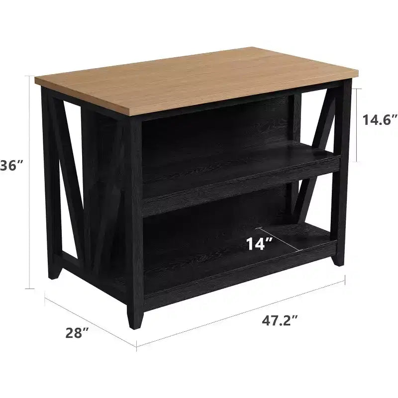 V-Leg Island Cabinet Model 02, Black + Wood Tone, with LED & Socket, Storage Cabinet for Kitchen Workstation