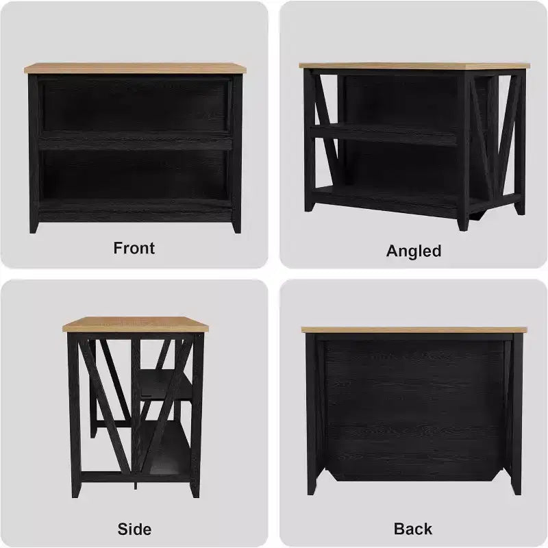 V-Leg Island Cabinet Model 02, Black + Wood Tone, with LED & Socket, Storage Cabinet for Kitchen Workstation