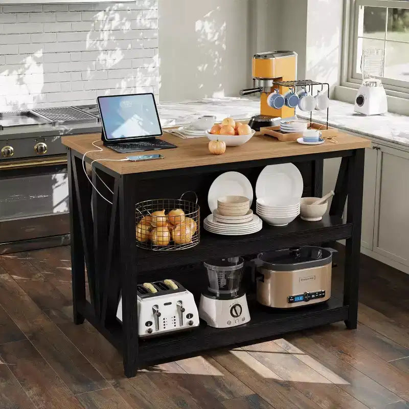V-Leg Island Cabinet Model 02, Black + Wood Tone, with LED & Socket, Storage Cabinet for Kitchen Workstation