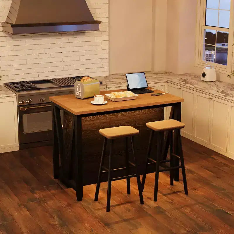 V-Leg Island Cabinet Model 02, Black + Wood Tone, with LED & Socket, Storage Cabinet for Kitchen Workstation