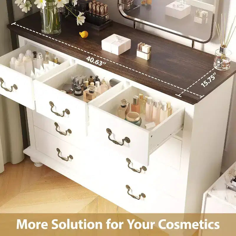 Vintage Frame 9-Drawer Cabinet (MDF+PB), White & Brown Color Block, Large Capacity, Decoration & Storage Cabinet for Living Room