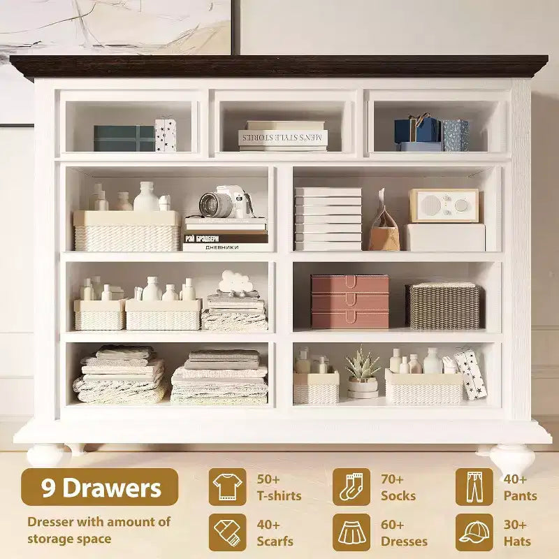Vintage Frame 9-Drawer Cabinet (MDF+PB), White & Brown Color Block, Large Capacity, Decoration & Storage Cabinet for Living Room