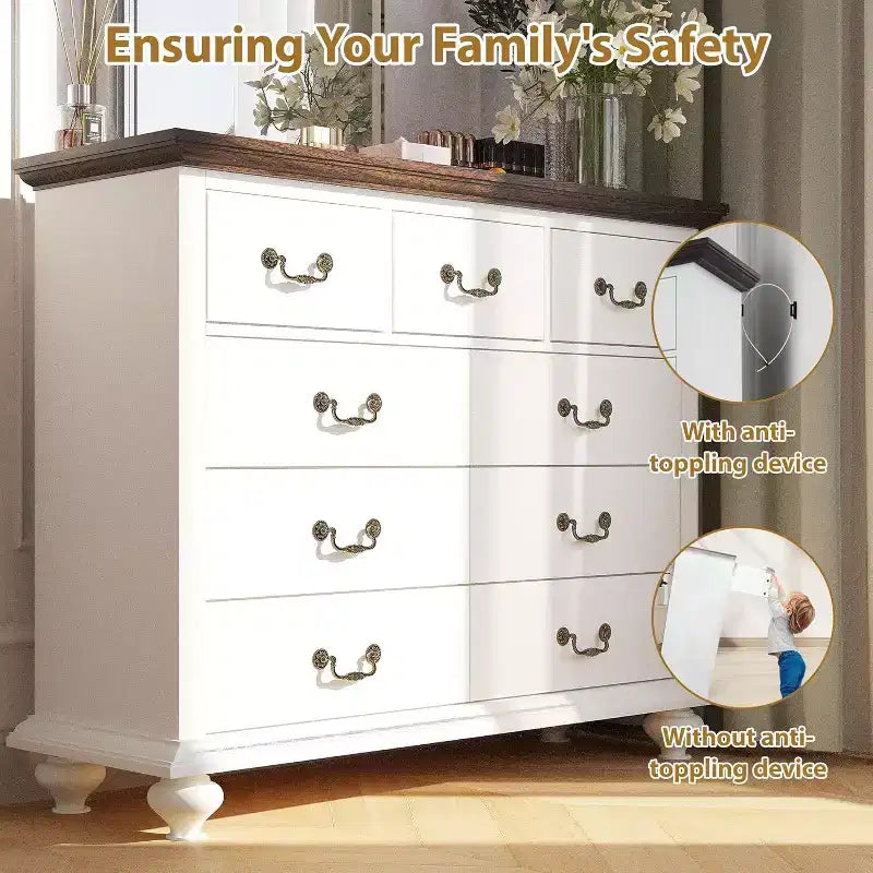 Vintage Frame 9-Drawer Cabinet (MDF+PB), White & Brown Color Block, Large Capacity, Decoration & Storage Cabinet for Living Room