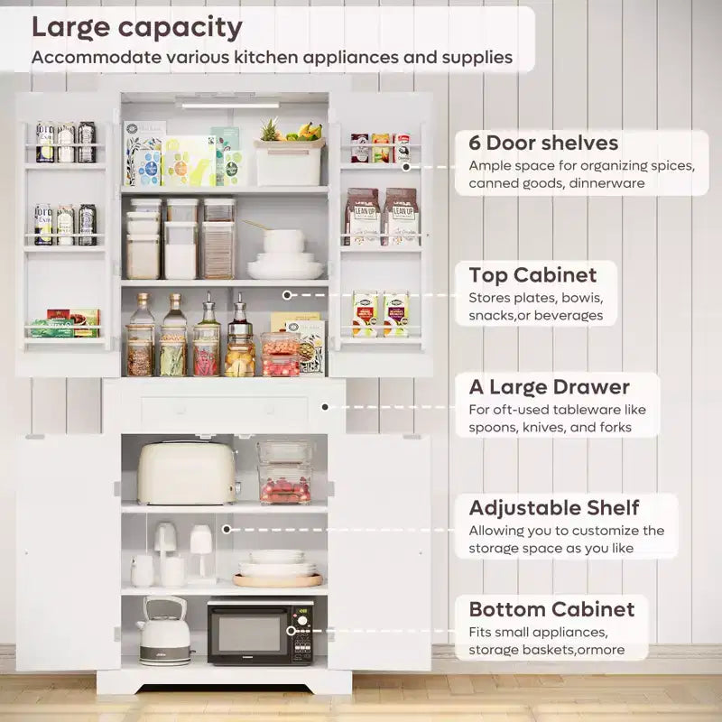 Bestier 72 Tall Kitchen Pantry Storage Cabinet with Doors and Shelves, Food Pantry Cabinet with Motion Sensor Light
