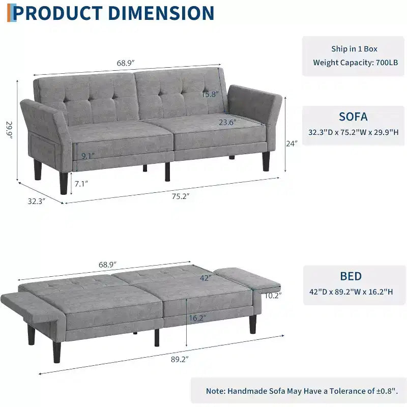 89 Futon Sofa Bed, Convertible Sleeper Sofa with Adjustable Backrest & Armrest, Modern Loveseat Sleeper for Living Room Bedroom Apartments