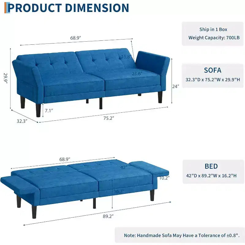 89 Futon Sofa Bed, Convertible Sleeper Sofa with Adjustable Backrest & Armrest, Modern Loveseat Sleeper for Living Room Bedroom Apartments