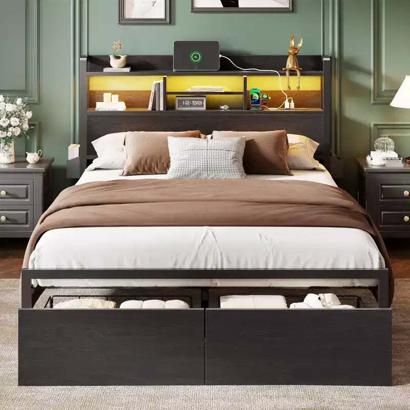Black Metal Queen Bed Frame With Storage Drawers Wood Headboard Shelf LED Lights Charging Station Heavy Duty Platform No Box Spring Needed Bedroom
