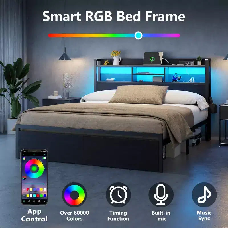 Cadre de lit Queen Size en métal noir avec tiroirs de rangement, tête de lit en bois, étagère, lumières LED, station de recharge, plateforme robuste, pas besoin de sommier, pour chambre à coucher
