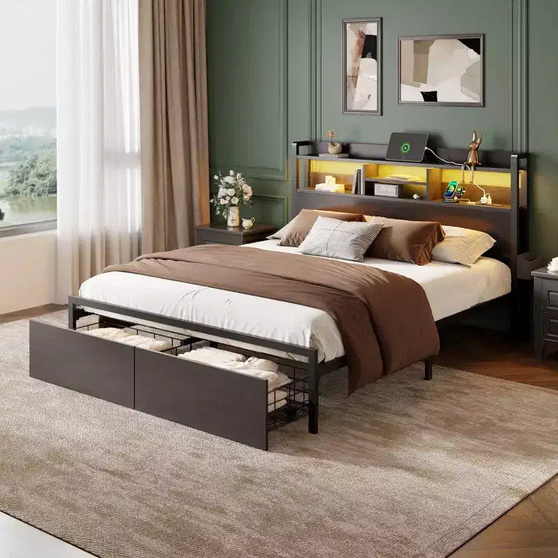 Cadre de lit Queen Size en métal noir avec tiroirs de rangement, tête de lit en bois, étagère, lumières LED, station de recharge, plateforme robuste, pas besoin de sommier, pour chambre à coucher