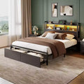 Cadre de lit Queen Size en métal noir avec tiroirs de rangement, tête de lit en bois, étagère, lumières LED, station de recharge, plateforme robuste, pas besoin de sommier, pour chambre à coucher