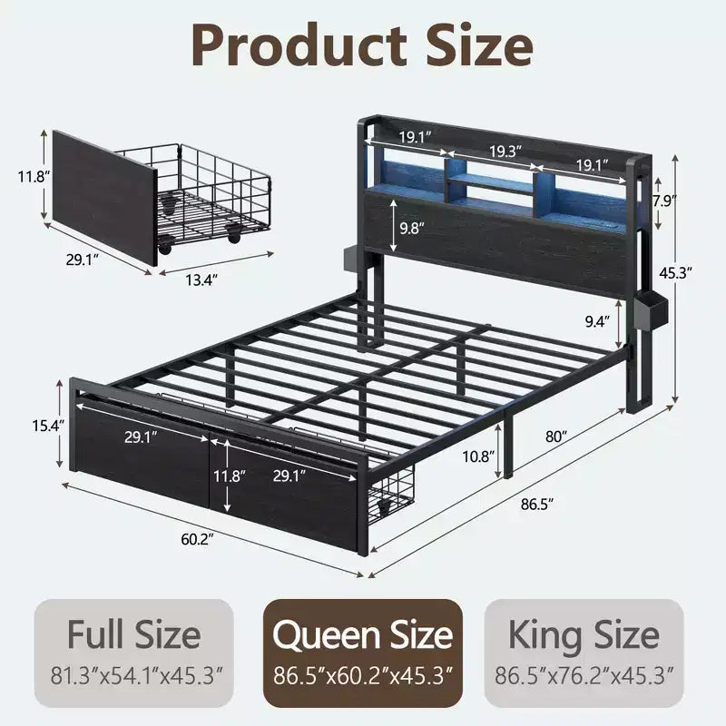 Cadre de lit Queen Size en métal noir avec tiroirs de rangement, tête de lit en bois, étagère, lumières LED, station de recharge, plateforme robuste, pas besoin de sommier, pour chambre à coucher