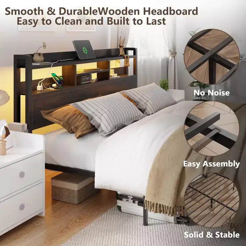 Cadre de lit Queen Size en métal noir avec tiroirs de rangement, tête de lit en bois, étagère, lumières LED, station de recharge, plateforme robuste, pas besoin de sommier, pour chambre à coucher