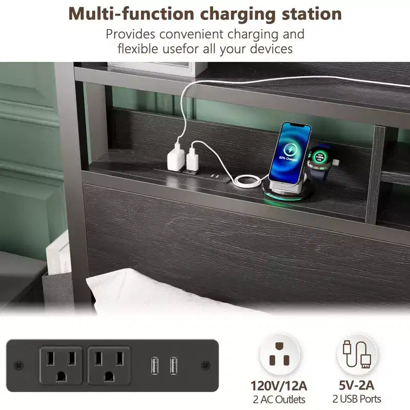 Cadre de lit Queen Size en métal noir avec tiroirs de rangement, tête de lit en bois, étagère, lumières LED, station de recharge, plateforme robuste, pas besoin de sommier, pour chambre à coucher