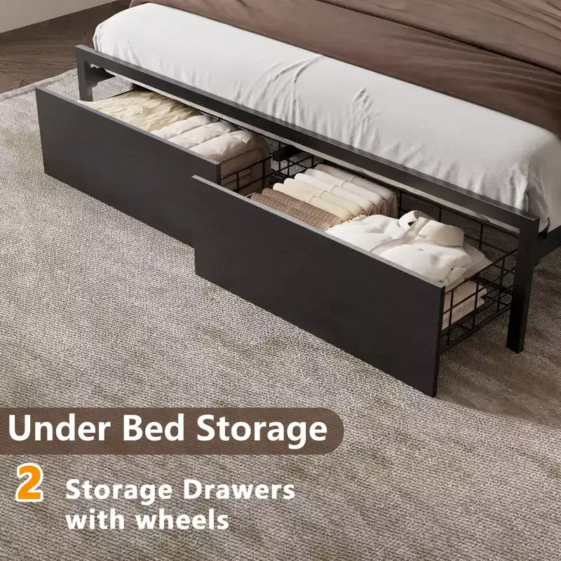 Cadre de lit Queen Size en métal noir avec tiroirs de rangement, tête de lit en bois, étagère, lumières LED, station de recharge, plateforme robuste, pas besoin de sommier, pour chambre à coucher
