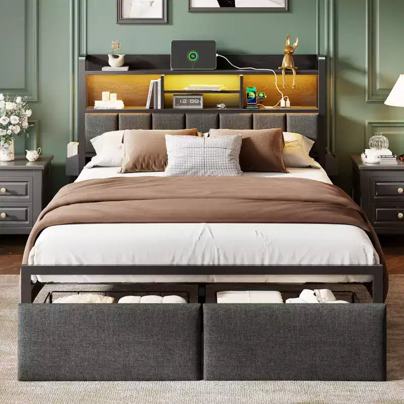 Modern Queen Bed Frame With Charging Station LED Lights Upholstered Storage Headboard Shelf Under Bed Drawers Metal Platform No Box Spring Needed