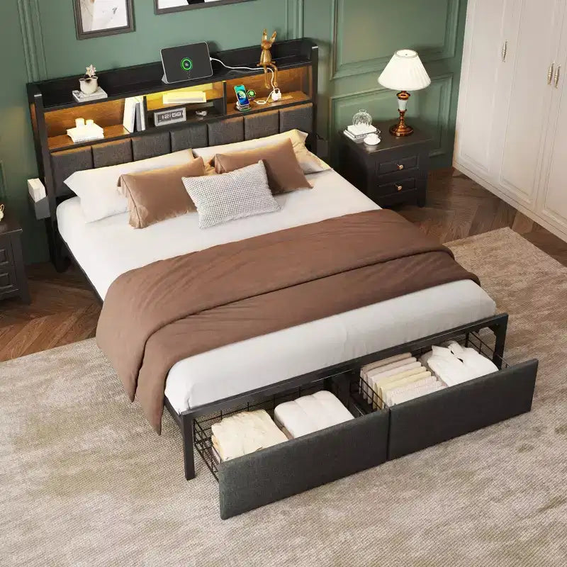 Cadre de lit Queen moderne avec station de recharge, lumières LED, tête de lit rembourrée avec rangement, étagère, tiroirs sous le lit, plateforme en métal, pas besoin de sommier tapissier