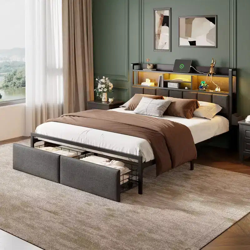 Cadre de lit Queen moderne avec station de recharge, lumières LED, tête de lit rembourrée avec rangement, étagère, tiroirs sous le lit, plateforme en métal, pas besoin de sommier tapissier