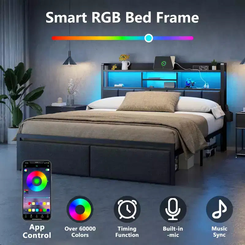 Cadre de lit Queen moderne avec station de recharge, lumières LED, tête de lit rembourrée avec rangement, étagère, tiroirs sous le lit, plateforme en métal, pas besoin de sommier tapissier