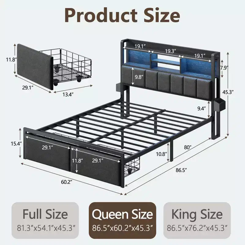 Cadre de lit Queen moderne avec station de recharge, lumières LED, tête de lit rembourrée avec rangement, étagère, tiroirs sous le lit, plateforme en métal, pas besoin de sommier tapissier