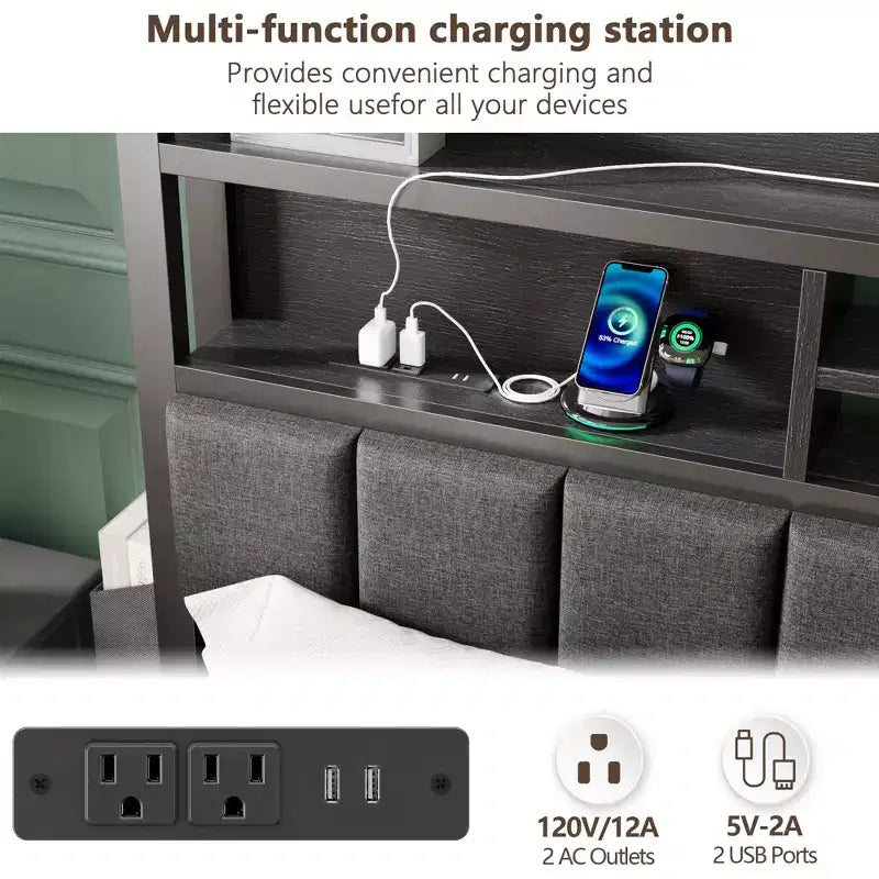 Cadre de lit Queen moderne avec station de recharge, lumières LED, tête de lit rembourrée avec rangement, étagère, tiroirs sous le lit, plateforme en métal, pas besoin de sommier tapissier