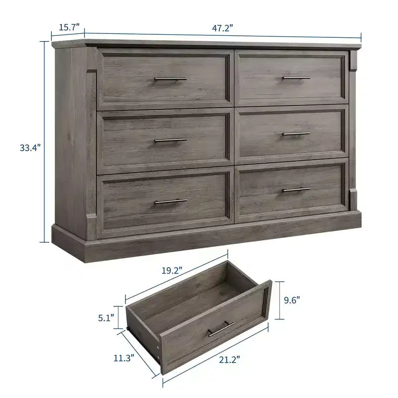 Commode marron à 6 tiroirs pour chambre à coucher, grande commode double de style fermier avec poignées en métal, commode rustique en bois pour salon, couloir