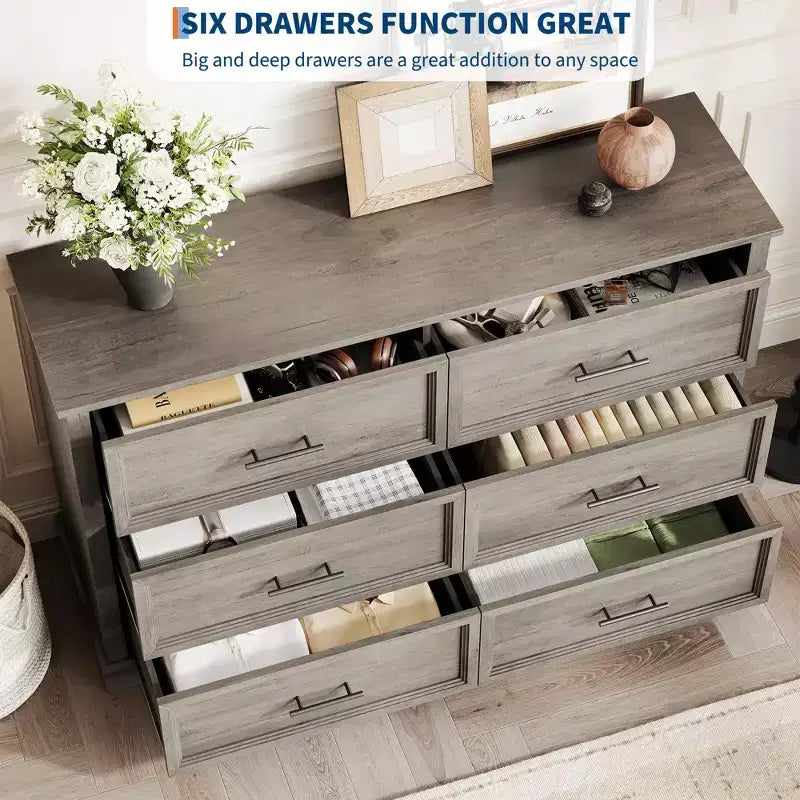 Commode marron à 6 tiroirs pour chambre à coucher, grande commode double de style fermier avec poignées en métal, commode rustique en bois pour salon, couloir