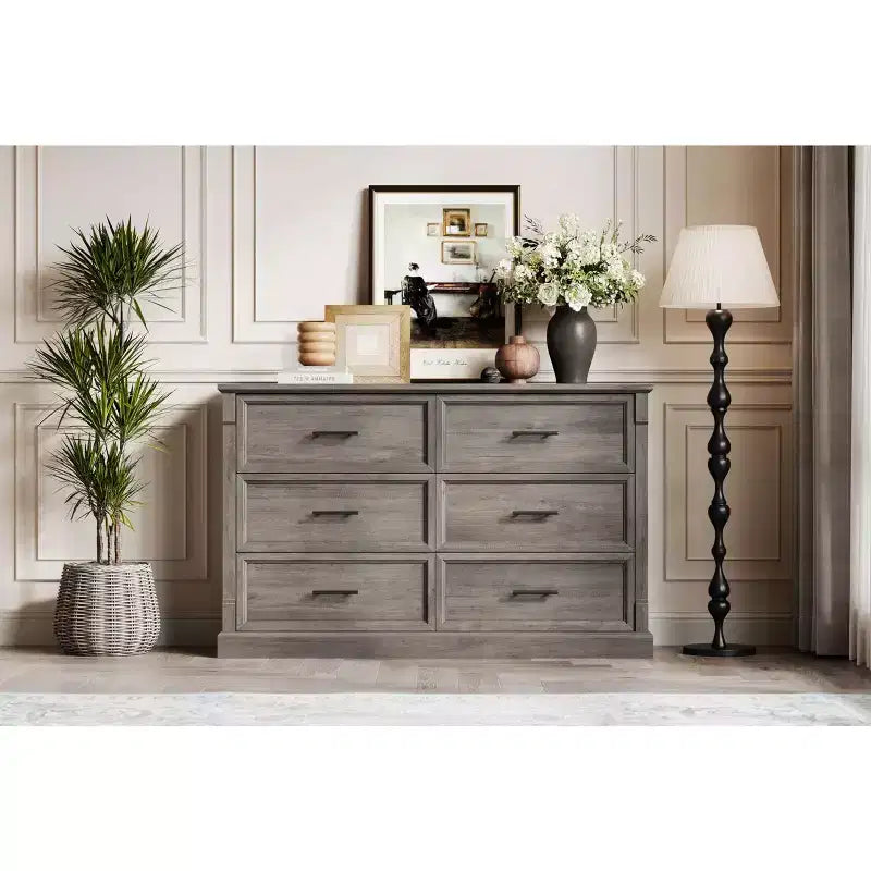 Commode marron à 6 tiroirs pour chambre à coucher, grande commode double de style fermier avec poignées en métal, commode rustique en bois pour salon, couloir